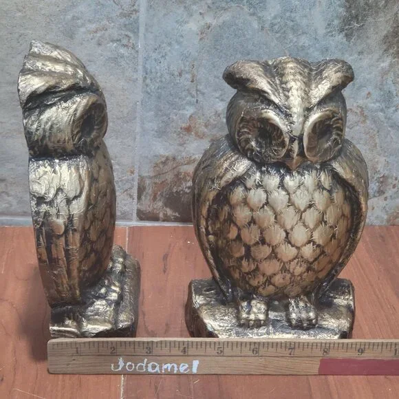 Vintage Chalkware Pair Bronze Owl Bookends Home Decor